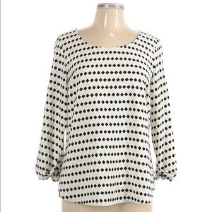 Brixon Ivy Black and White Rolled Cuff Sleeve Blouse  Quatrefoil Print Top Shirt